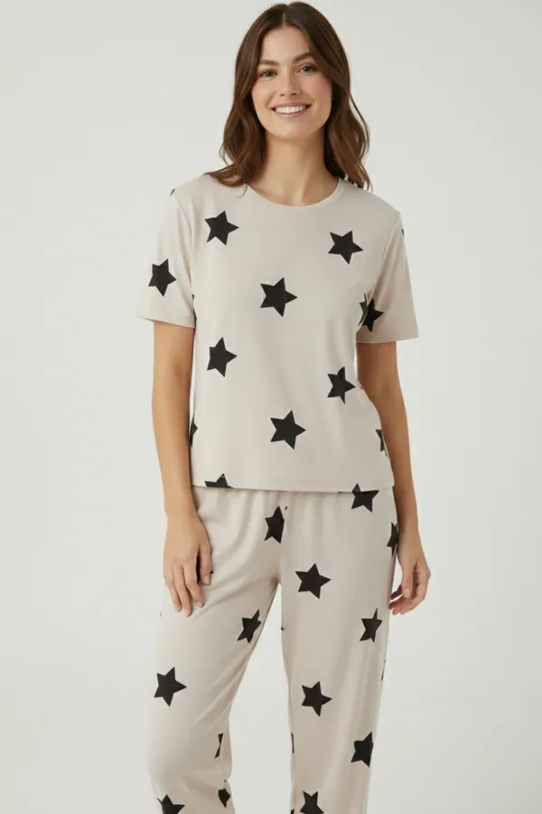 Pamuklu Kısa Kollu Tişört Pantolon Takım Bej