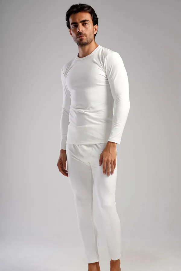 Ensemble de sous-vêtements homme à manches longues et col rond, écru