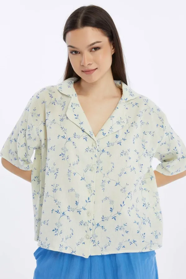 Mısırlı MÜSLİN Çiçekli Gömlek Mavi