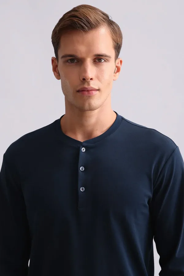 Ensemble pyjama égyptien pour homme, en coton, manches longues et chemise boutonnée, bleu marine