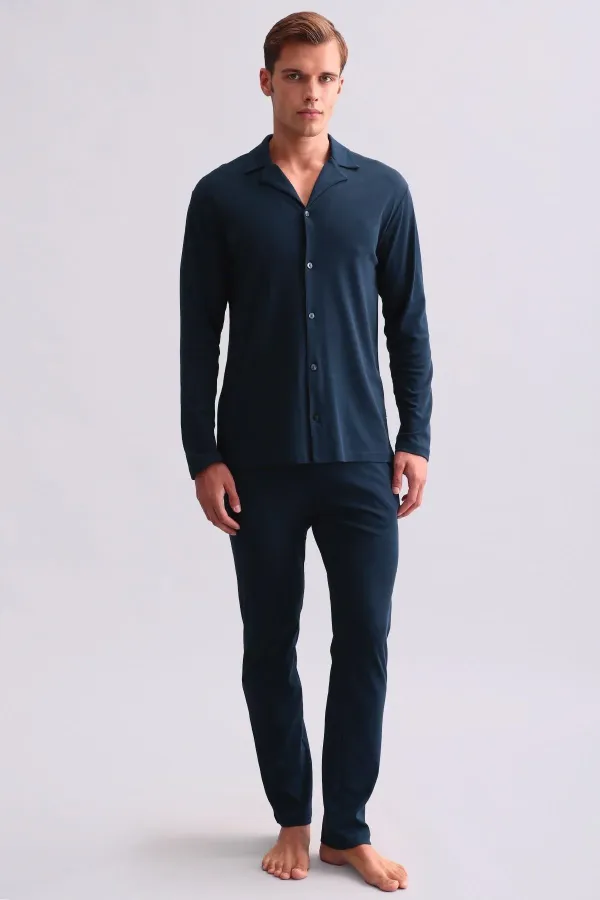 Ensemble pyjama chemise en coton pour homme, bleu marine, style égyptien