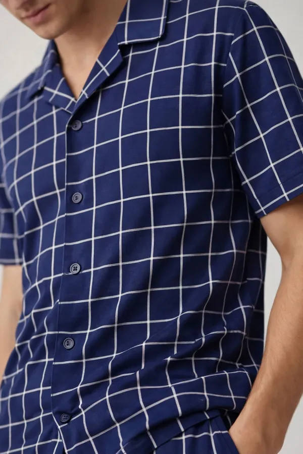 Mısırlı Erkek Pamuk Ekoseli Gömlek Pijama Takım Lacivert