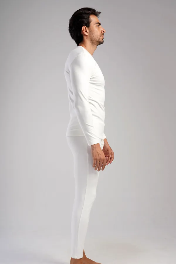 Ensemble de sous-vêtements homme à manches longues et col rond, écru