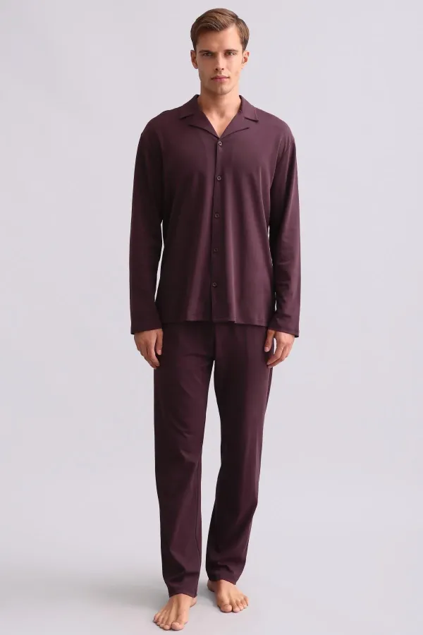 Ensemble chemise et pyjama en coton pour homme, bordeaux, style égyptien