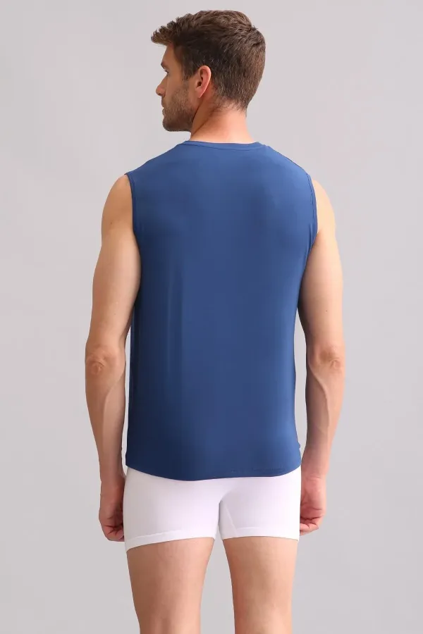 Débardeur/T-shirt de sport bleu marine à col rond, coupe classique, en bambou égyptien ZEUS