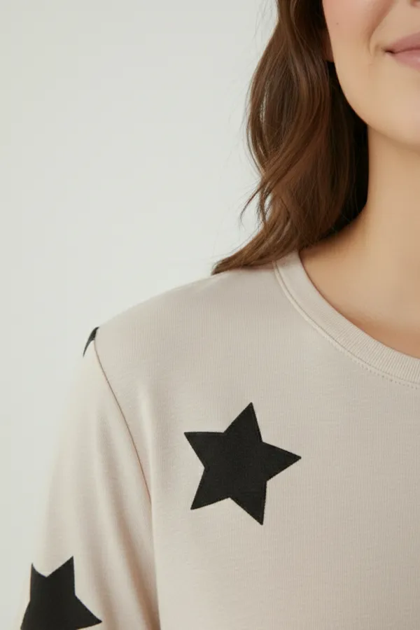 Pamuklu Kısa Kollu Tişört Pantolon Takım Bej