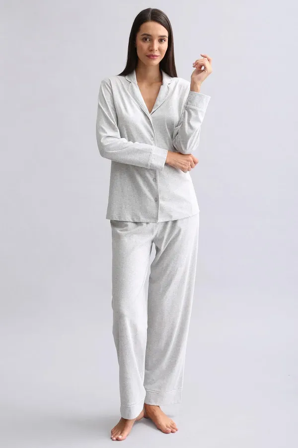 Mısırlı Kadın %100 Pamuk Pijama Takımı Gri Melanj