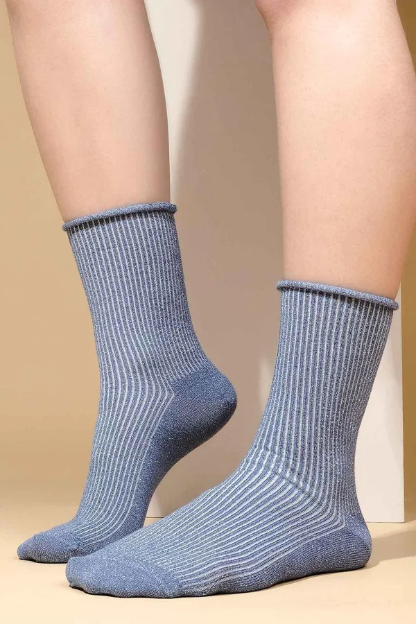 Mısırlı Kadın Bambu Simli Soket Çorap Mavi