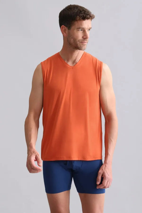 Débardeur/T-shirt de sport à col en V, coupe classique, couleur rouge rouille, en bambou égyptien ZEUS