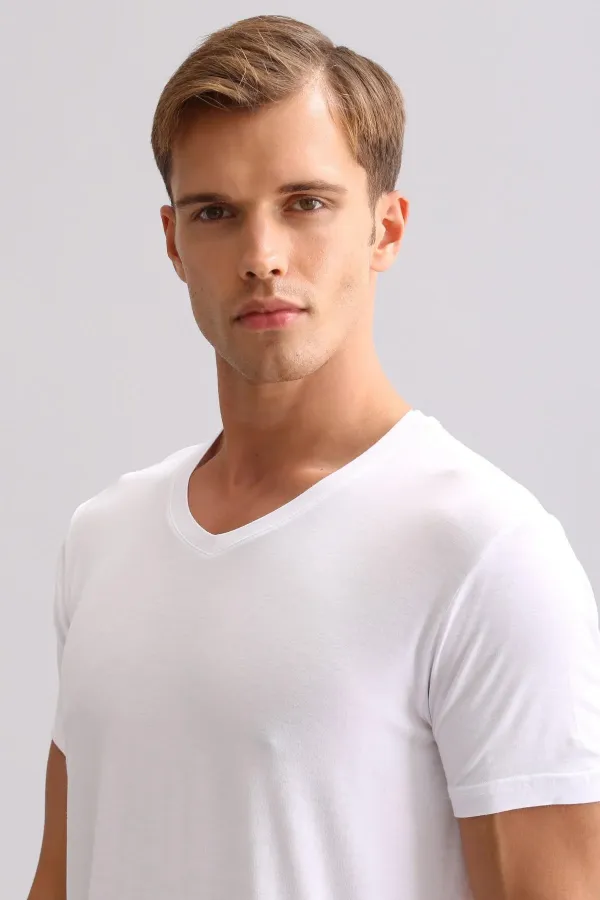 Mısırlı BAMBU ZEUS LUXURY Regular Fit V Yaka Fanila / T-Shirt Beyaz