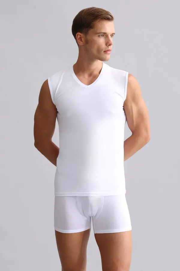 Mısırlı Modal By TENCEL HERCULES Slim Fit V-Neck Athletic Tank Top / T-Shirt White