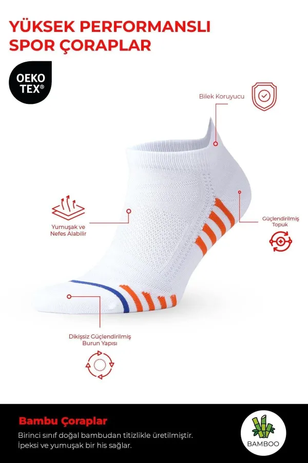 Mısırlı Unisex BAMBU HIGH PERFORMANCE Atletik 6 Çift Patik Çorap Çok Renkli