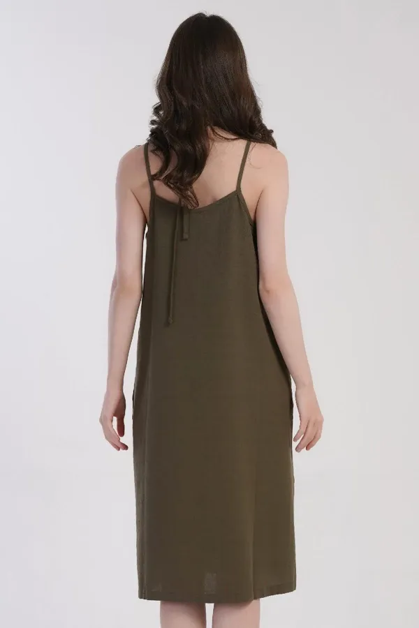 Mısırlı Kadın Viskon İp Askılı Ev Elbisesi Haki