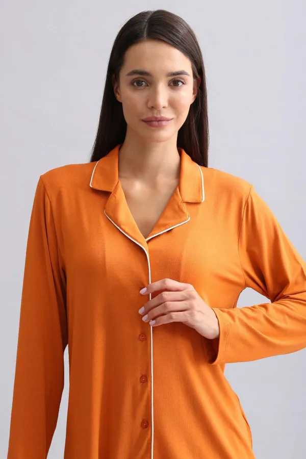Mısırlı Kadın Modal Uzun Kollu Gömlek Pas Kırmızı