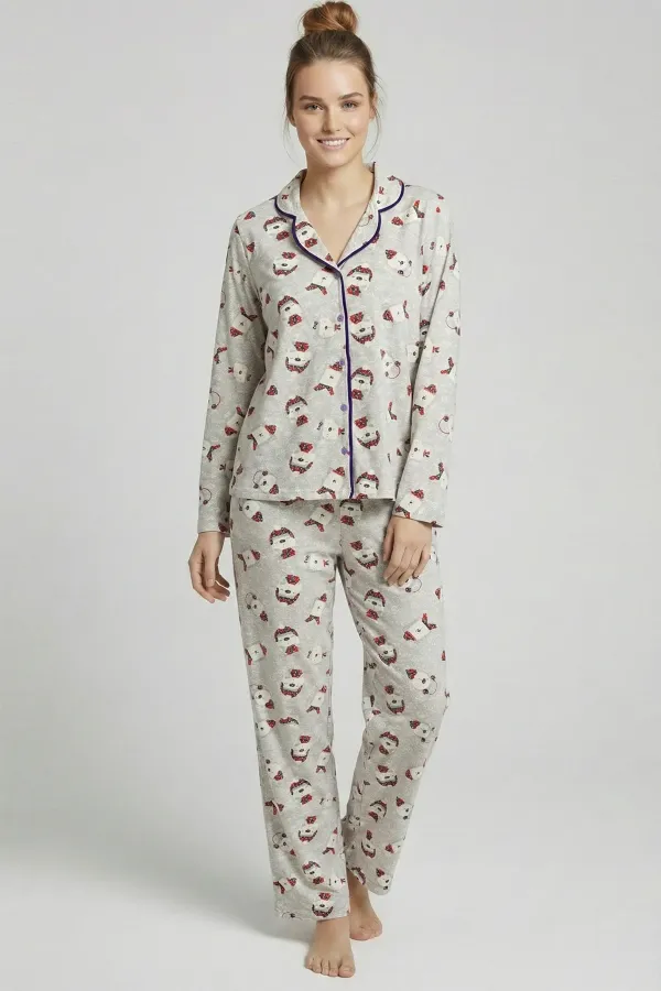 Mısırlı Kış Temalı Kadın Pijama Takımı Gri Melanj