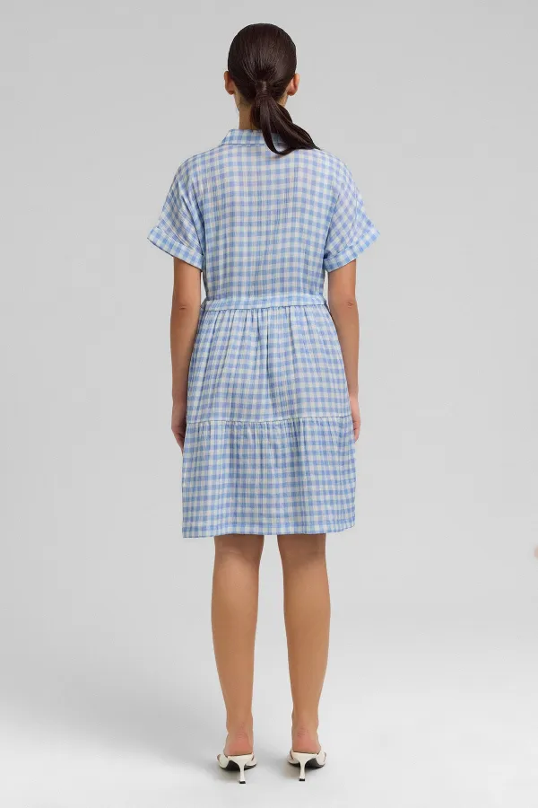 Kadın Pamuk Ekoseli Düğmeli Elbise Açık Mavi