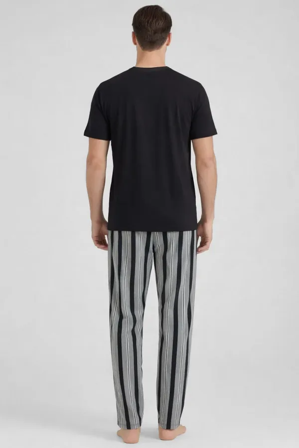Mısırlı Erkek Pamuklu Bisiklet Yaka Çizgili Pijama Takım Siyah