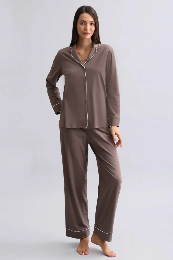 Ensemble pyjama 100 % coton marron pour femme, de style égyptien