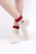 Aytuğ Women's Cotton Single Curved Christmas Themed Socks, Ecru