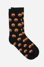 Aytuğ Women's Cotton Halloween Themed Ankle Socks Black