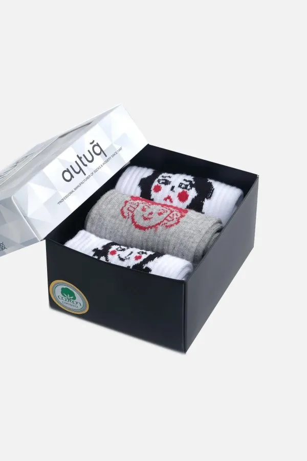 Aytuğ Women's Cotton 3 Pairs Special Boxed Ankle Socks Multicolored