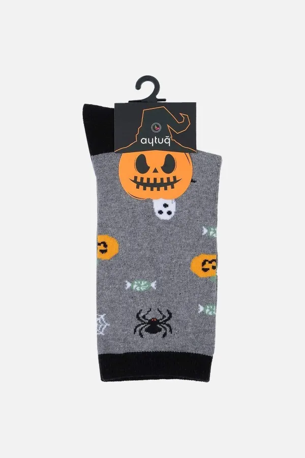 Aytuğ Men's Cotton Halloween Themed Ankle Socks Grey