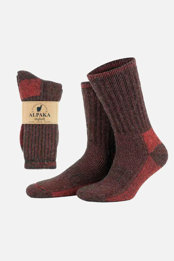 Chaussettes d'hiver unisexes Aytuğ en laine éponge d'alpaga, marron-rouge