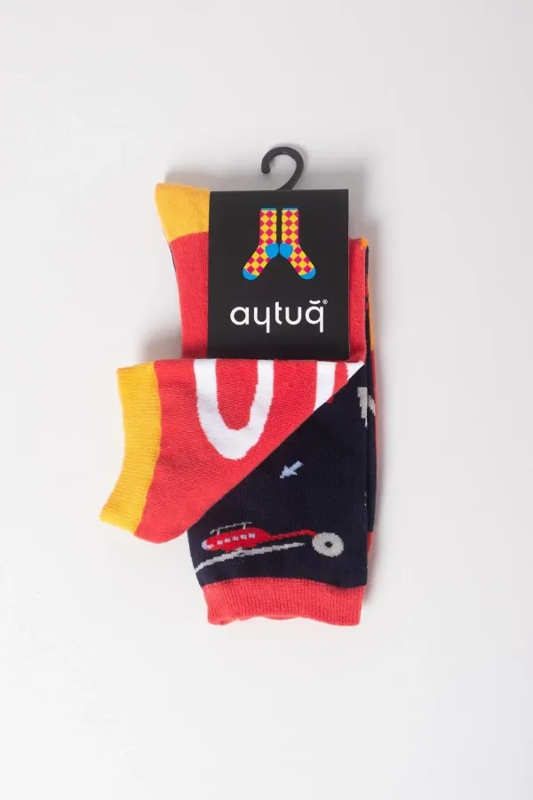 Aytuğ Unisex Cotton Single Firefighter Pattern Fun Sock