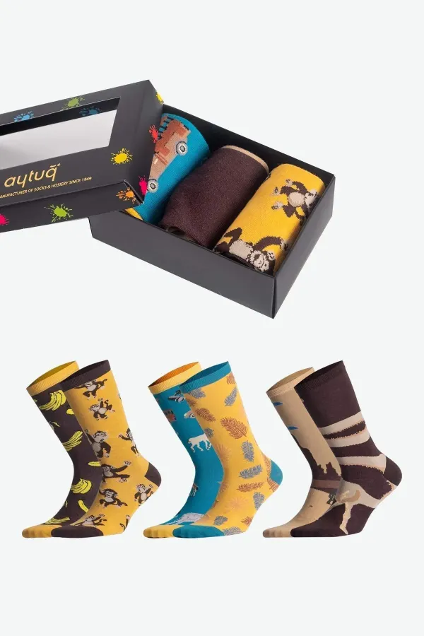 Chaussettes unisexes en coton Aytuğ, lot de 3 paires, à motifs animaux amusants