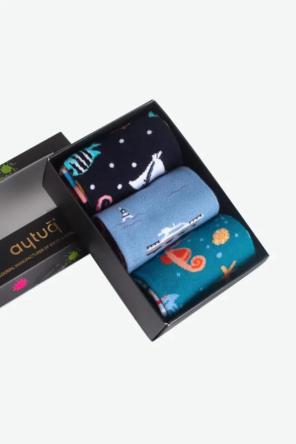 Chaussettes fantaisie unisexes en coton Aytuğ, lot de 3 paires, motif marin.