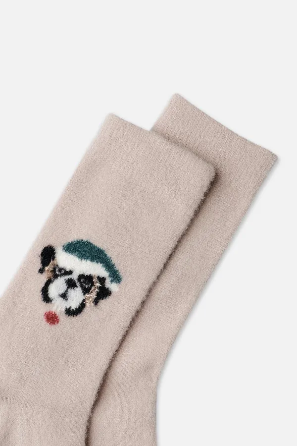 Aytuğ Women's Plush Thermal Single Dog Pattern Christmas Themed Socks Dog Design