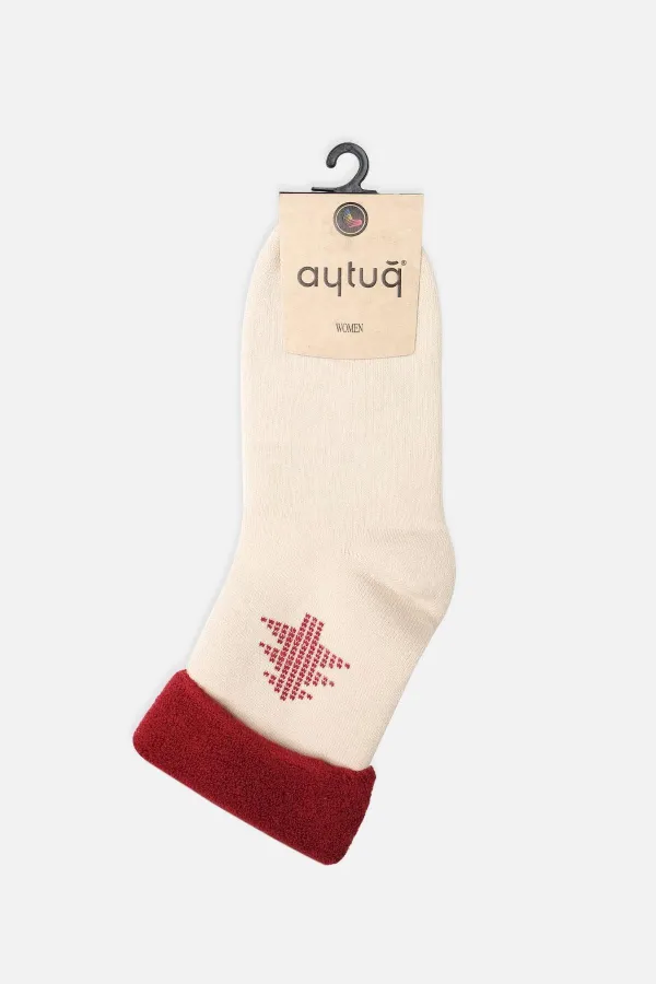 Aytuğ Women's Cotton Single Curved Christmas Themed Socks, Ecru