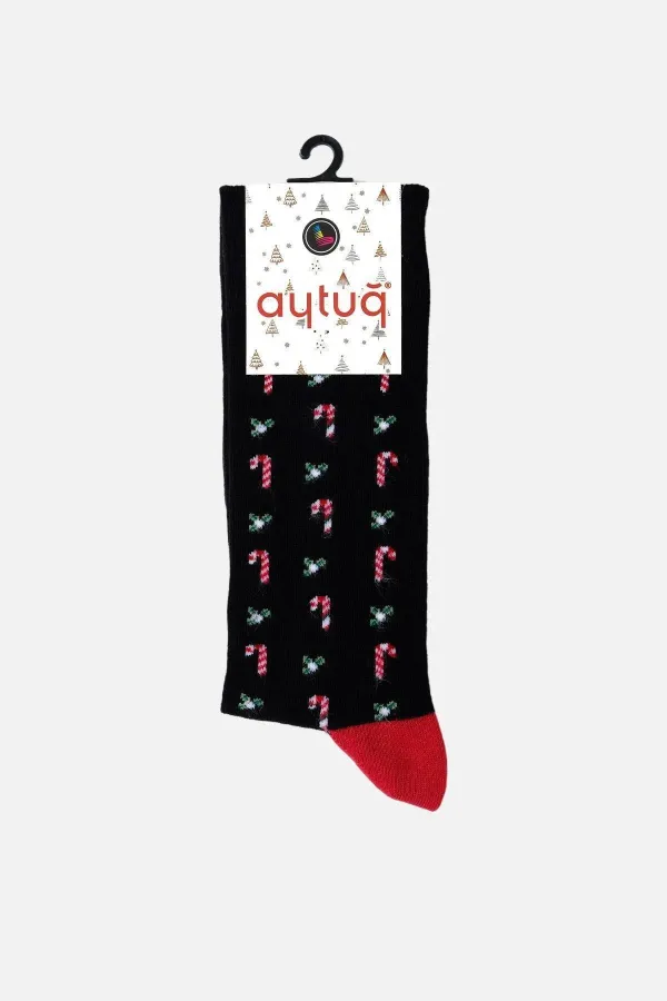 Aytuğ Men's Cotton Single Christmas Themed Socks Black