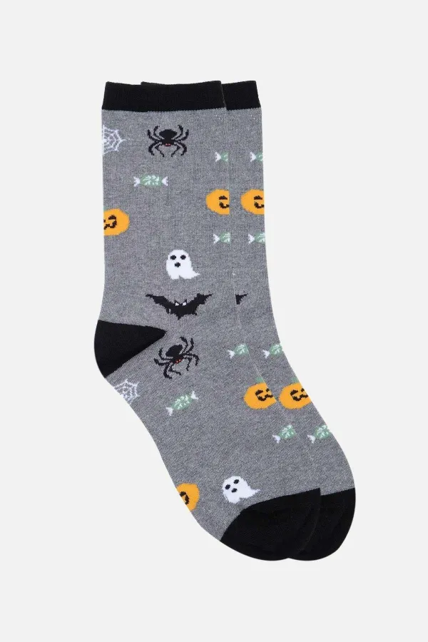 Aytuğ Men's Cotton Halloween Themed Ankle Socks Grey