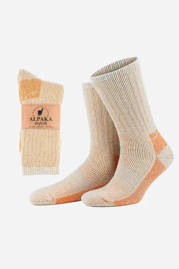Aytuğ Unisex Alpaca Wool Terry Winter Socks, Ecru-Orange