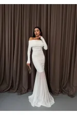 Tül Detaylı Straplez Elbise