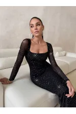 TAŞLI DİZAYN MAXİ ELBİSE