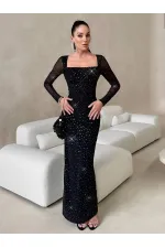 TAŞLI DİZAYN MAXİ ELBİSE