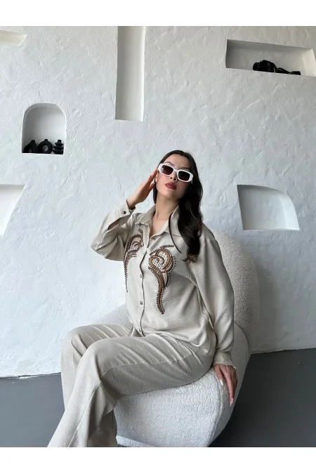 İşleme Detaylı Gömlek & Pantolon Keten İkili Takım