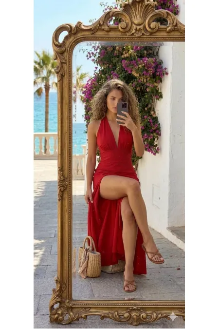 V YAKA BOYUN BAĞLI ELBİSE