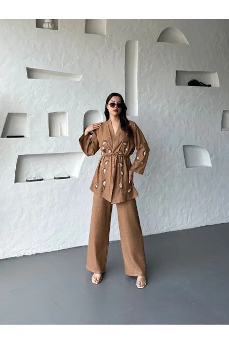 Nakış İşlemeli Kimono & Pantolon İkili Takım