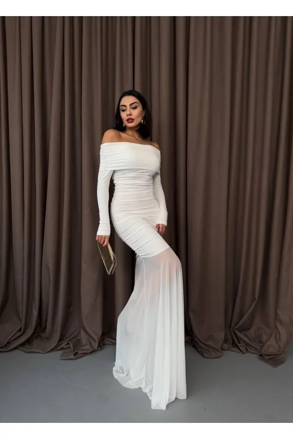 Tül Detaylı Straplez Elbise