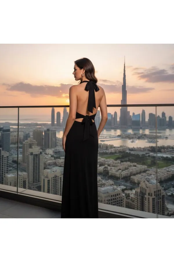 ROBE À COL EN V ET COL NŒUD