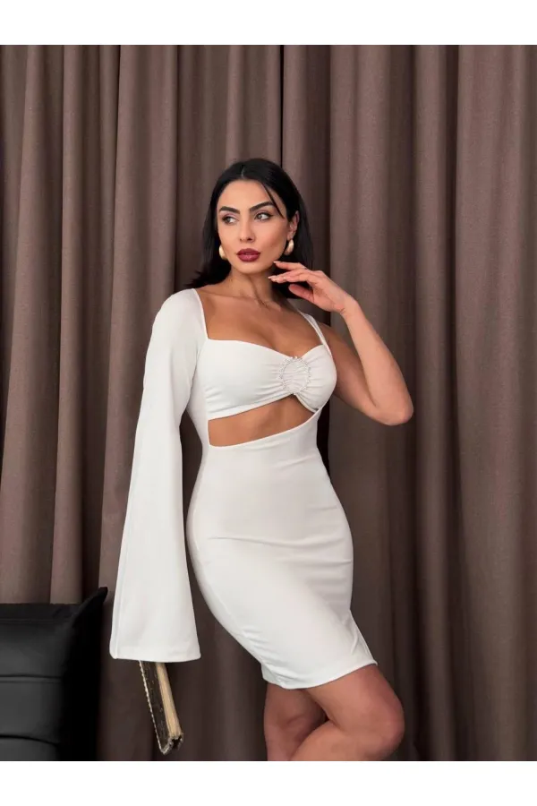 Ring Detailed One-Sleeve Mini Dress