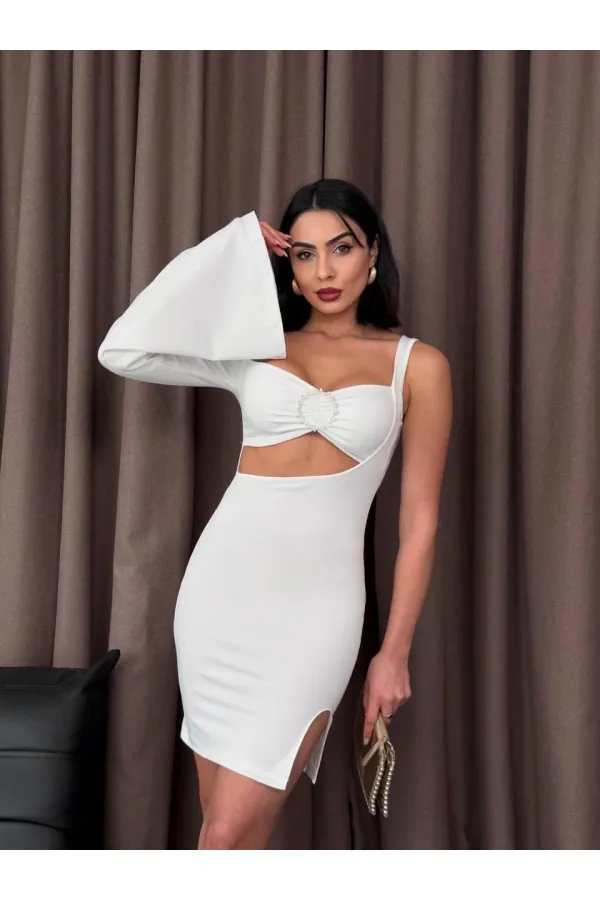 Ring Detailed One-Sleeve Mini Dress