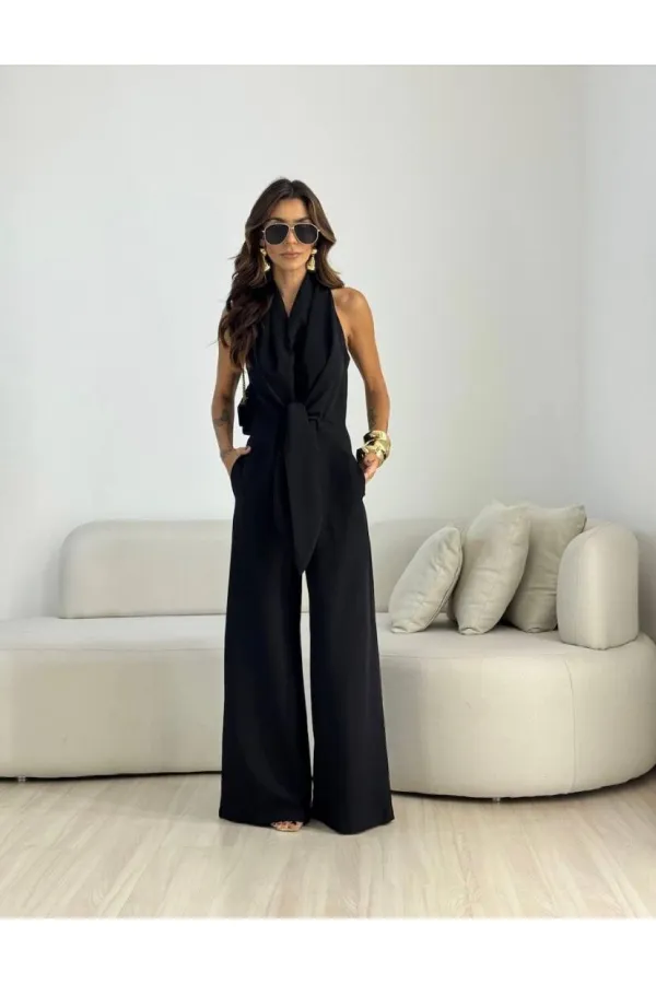 KUŞAK DETAYLI KISA KOLLU TULUM