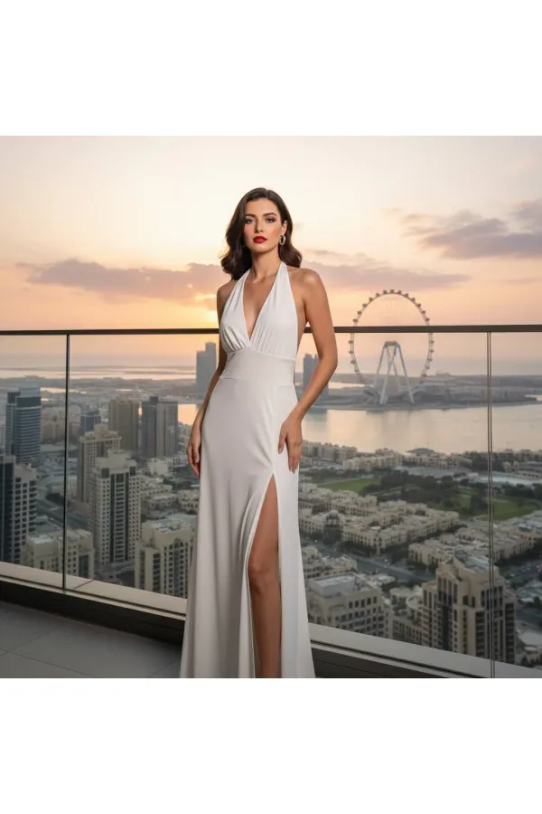 ROBE À COL EN V ET COL NŒUD