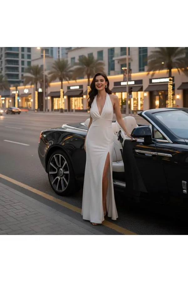 ROBE À COL EN V ET COL NŒUD