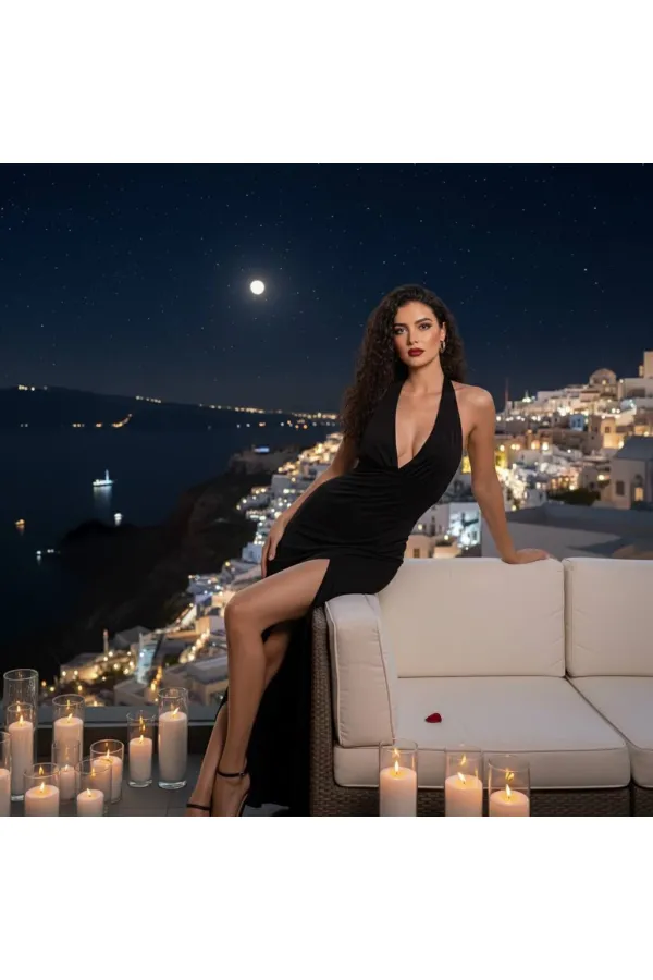 ROBE À COL EN V ET COL NŒUD