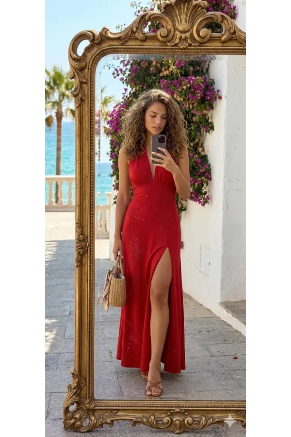 ROBE À COL EN V ET COL NŒUD